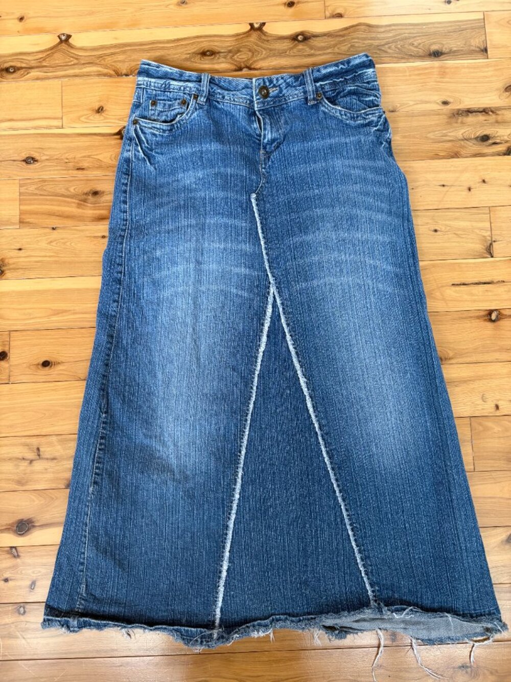 Vintage Mudd Y2K Distressed Denim Maxi Skirt Size 9 Raw Hem Inset A-Line